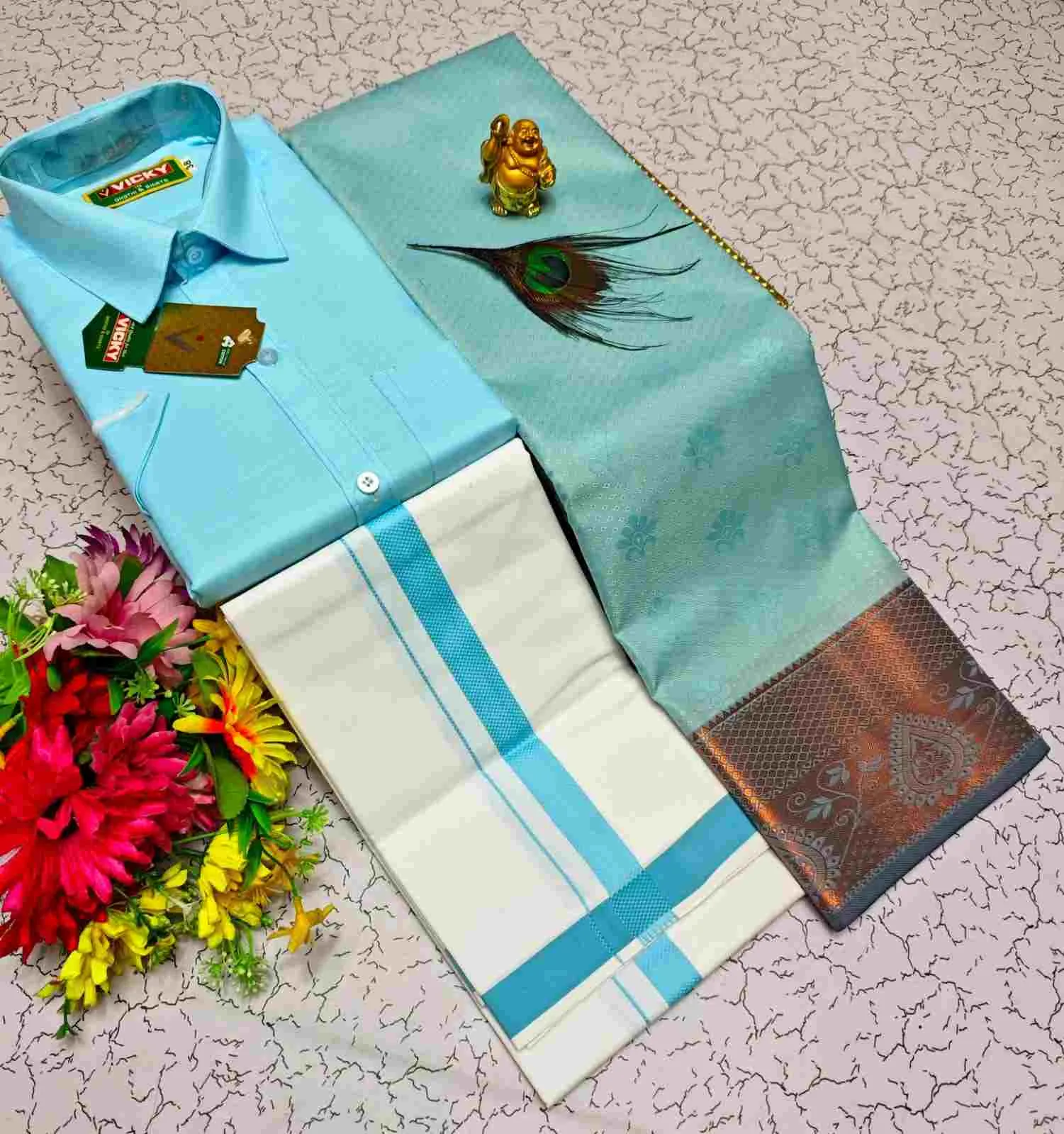 Mayil Aqua Contrast Kubera Silk Couple Combo